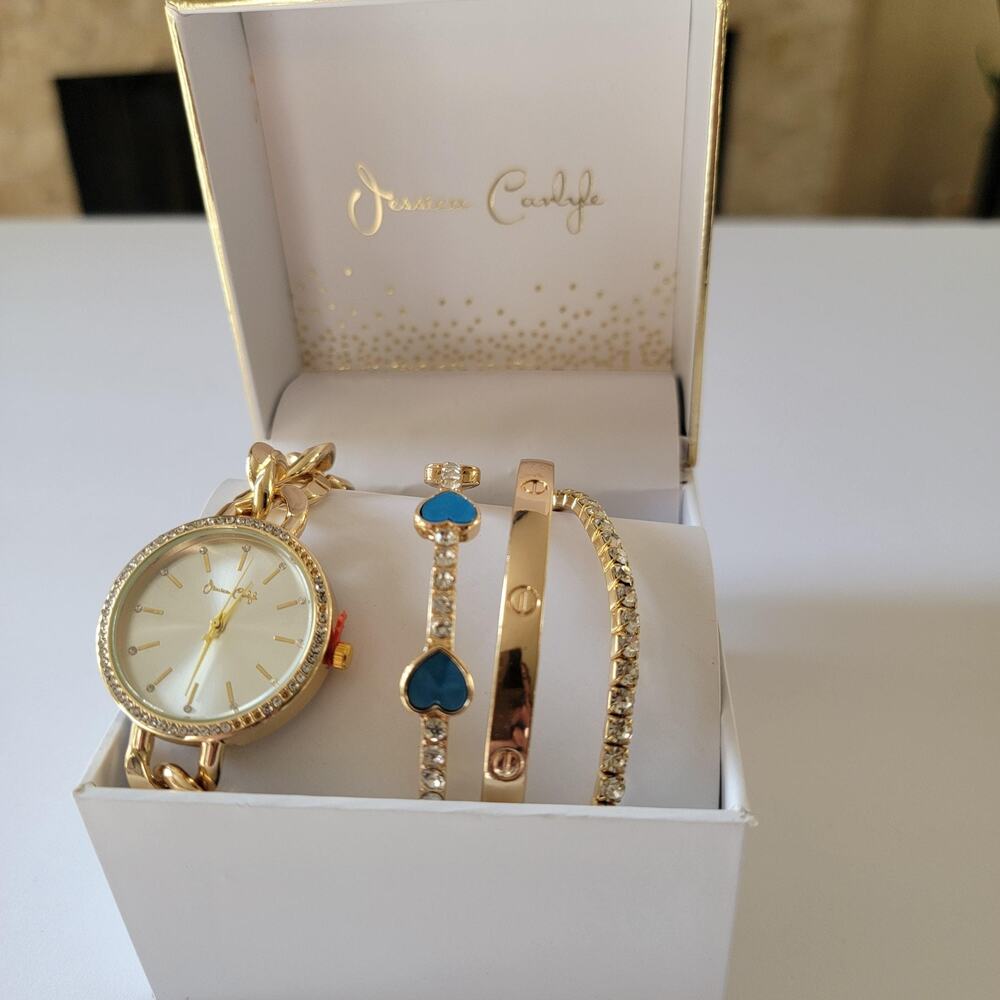 Gold Tone Necklace Watch Bracelet Set Blue Heart Crystal Jewelry Gift